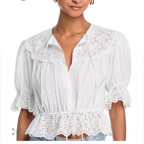 Aqua Tops - AQUA EYELET PUFF SLEEVE TIE TOP – FLIRTY & FEMININE, SIZE: M
